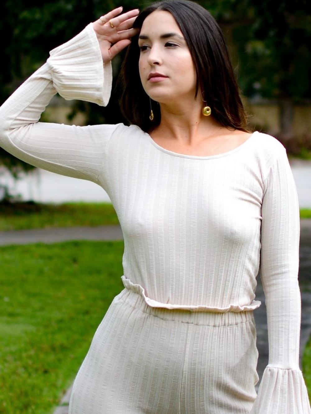 Lykke Wullf Womens Bobby Bell Sleeve Rib Knit Top Size Small Cream Classic